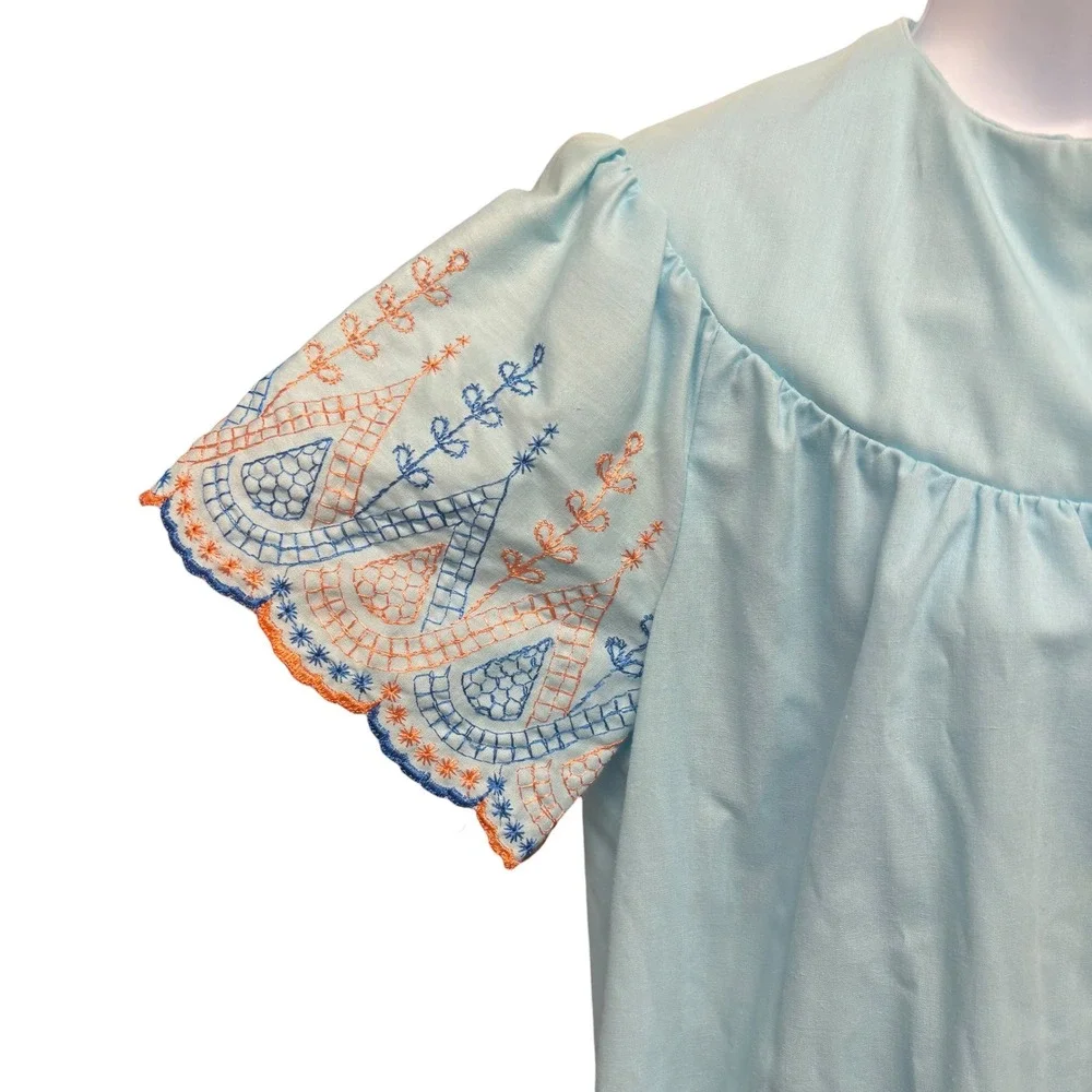 Vintage Light Blue Embroidered Button Front House Dress Robe Pockets Retro L
